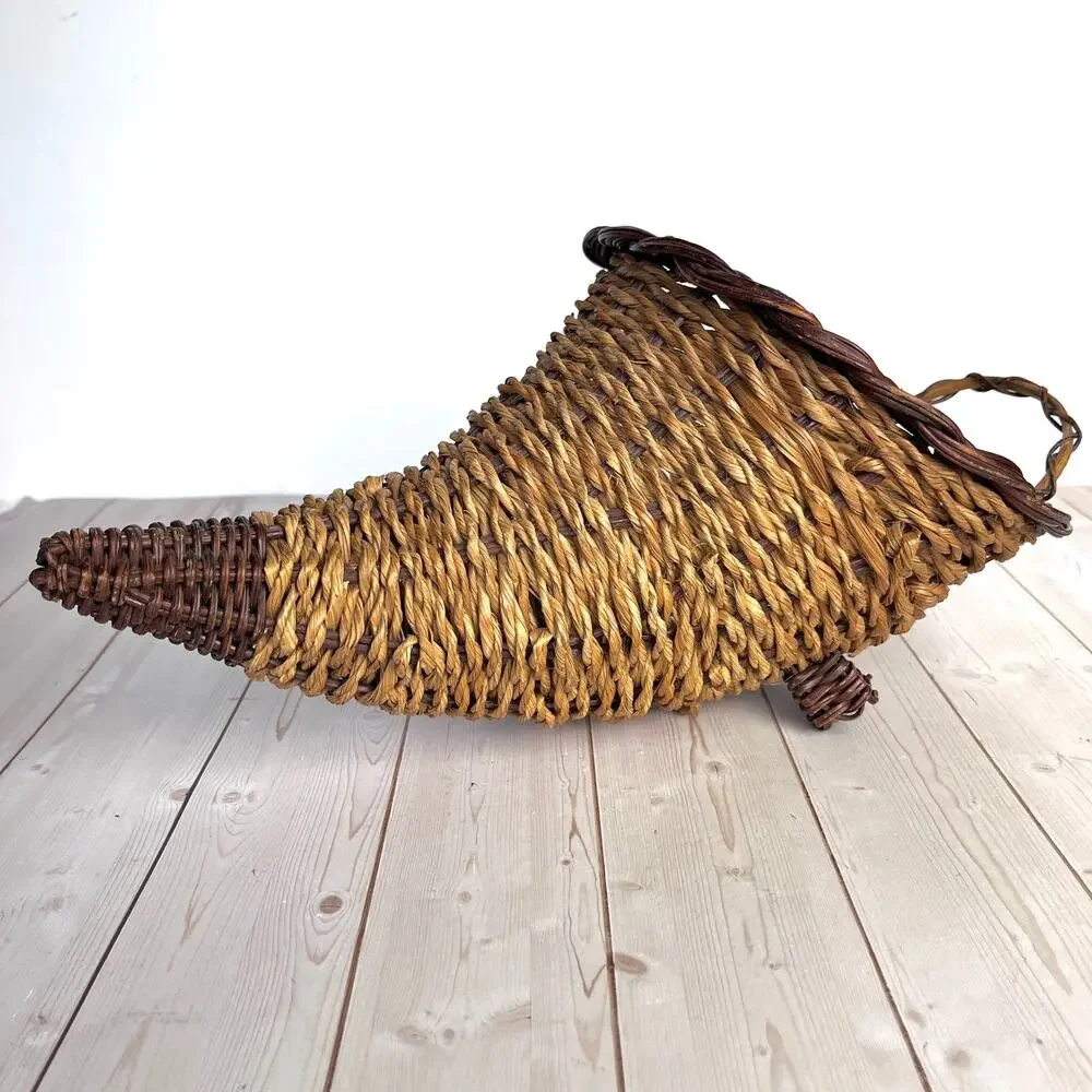Vintage Woven Wicker Cornucopia Two Tone Footed Horn of Plenty Country Farmhouse